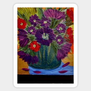 Red and purple carnations flowers in a blue and silver metallic vase. Sticker